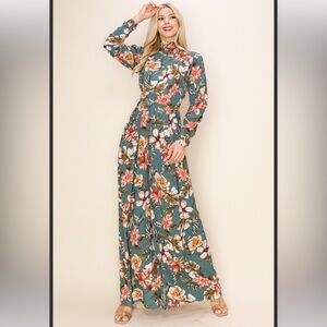 #136. Floral Print Long Sleeves Mock Neck Jumpsuit